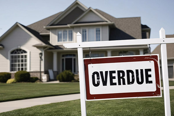 family house with overdue sign in the front yard showing why you should avoid foreclosure
