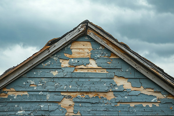 distressed home with chipping blue paint