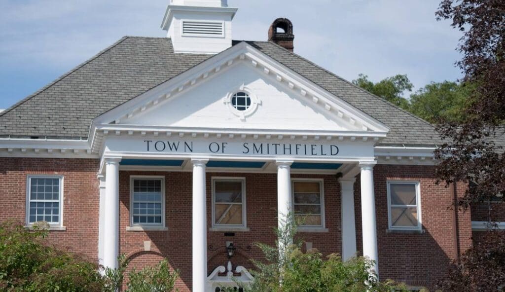 Smithfield Town Hall in Rhode Island, a classic New England building representing the community’s small-town character.