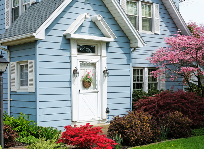 Blue gambrel-style home in Bristol RI with white Dutch door, flowering azaleas, and spring landscaping