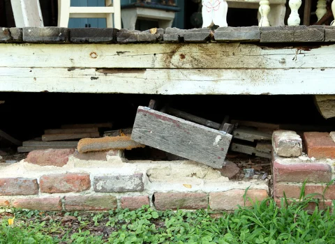 Crumbling brick foundation with collapsed porch supports and rotting wood on a Rhode Island home — We Pay More Properties buys houses with foundation problems as-is